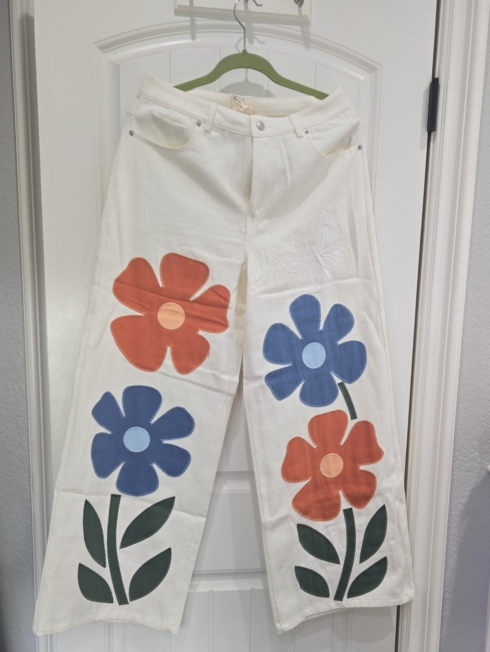 BiBi White Wide-Leg Jeans with Orange & Blue Floral Appliqués